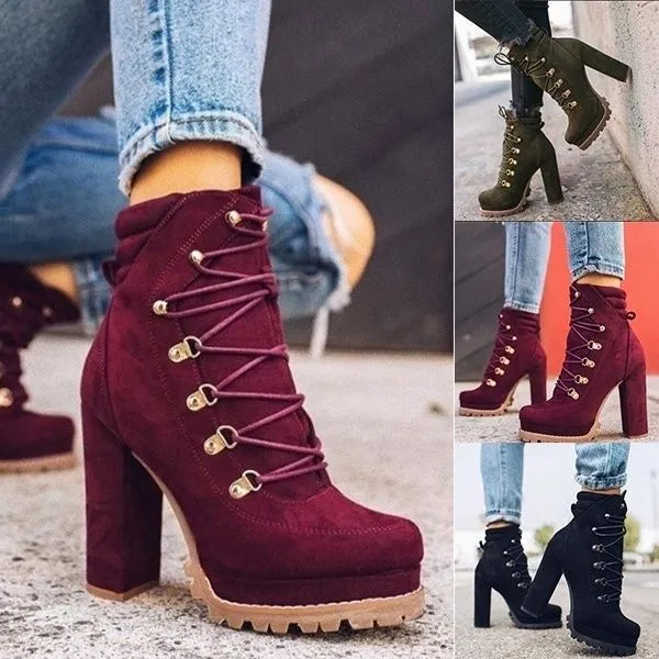 Women's suede ankle boots with a thick high heel in army green, shown from the side.