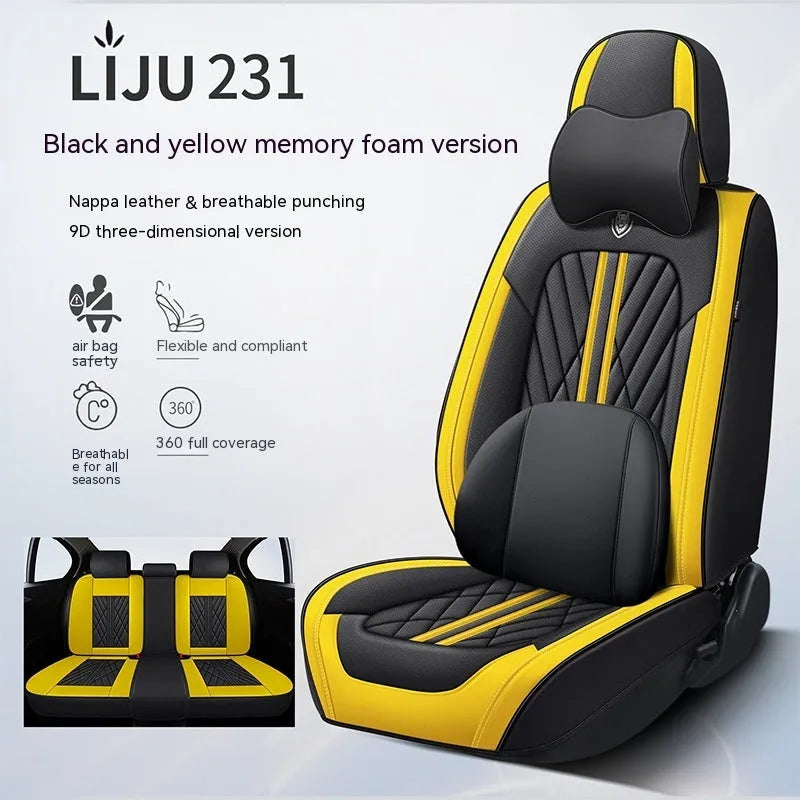 Set of five leather car seat cushions in a choice of colours including black and blue, and beige black.