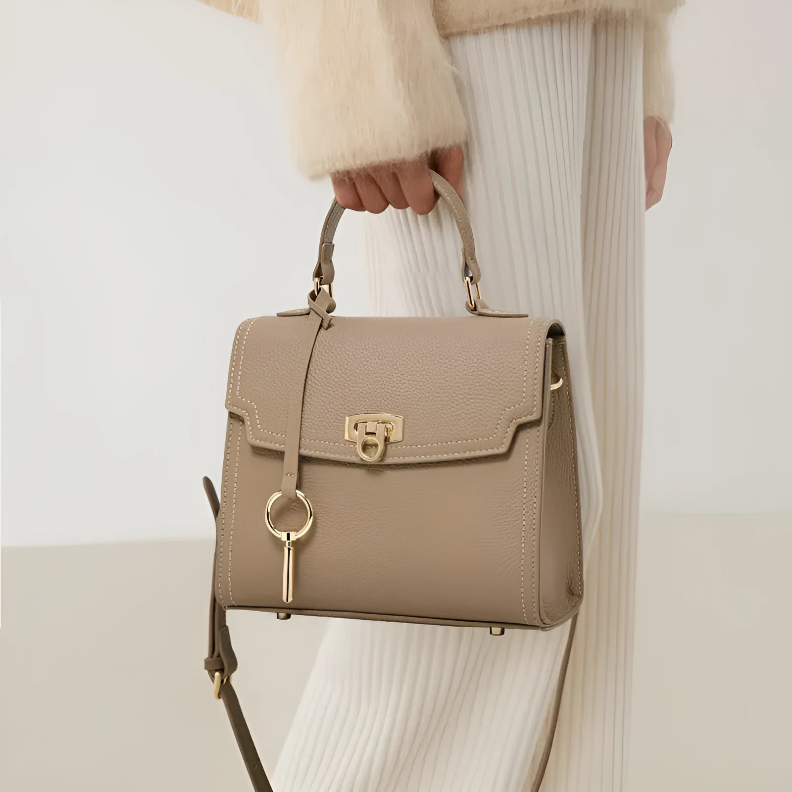 Elephant grey genuine leather vintage lock handbag with crossbody strap and square vertical shape