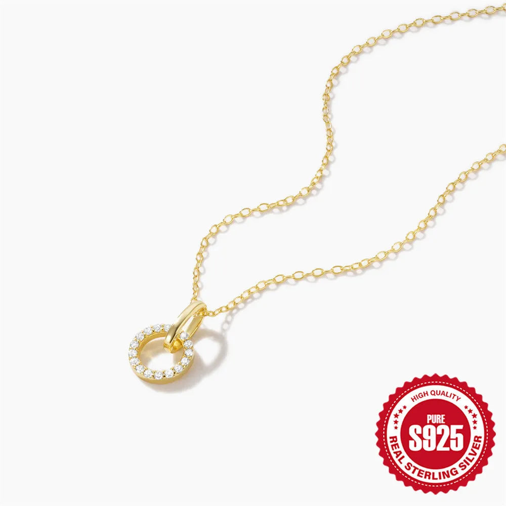 Gold-coloured S925 sterling silver adjustable clavicle chain necklace with round geometric zircon pendant.
