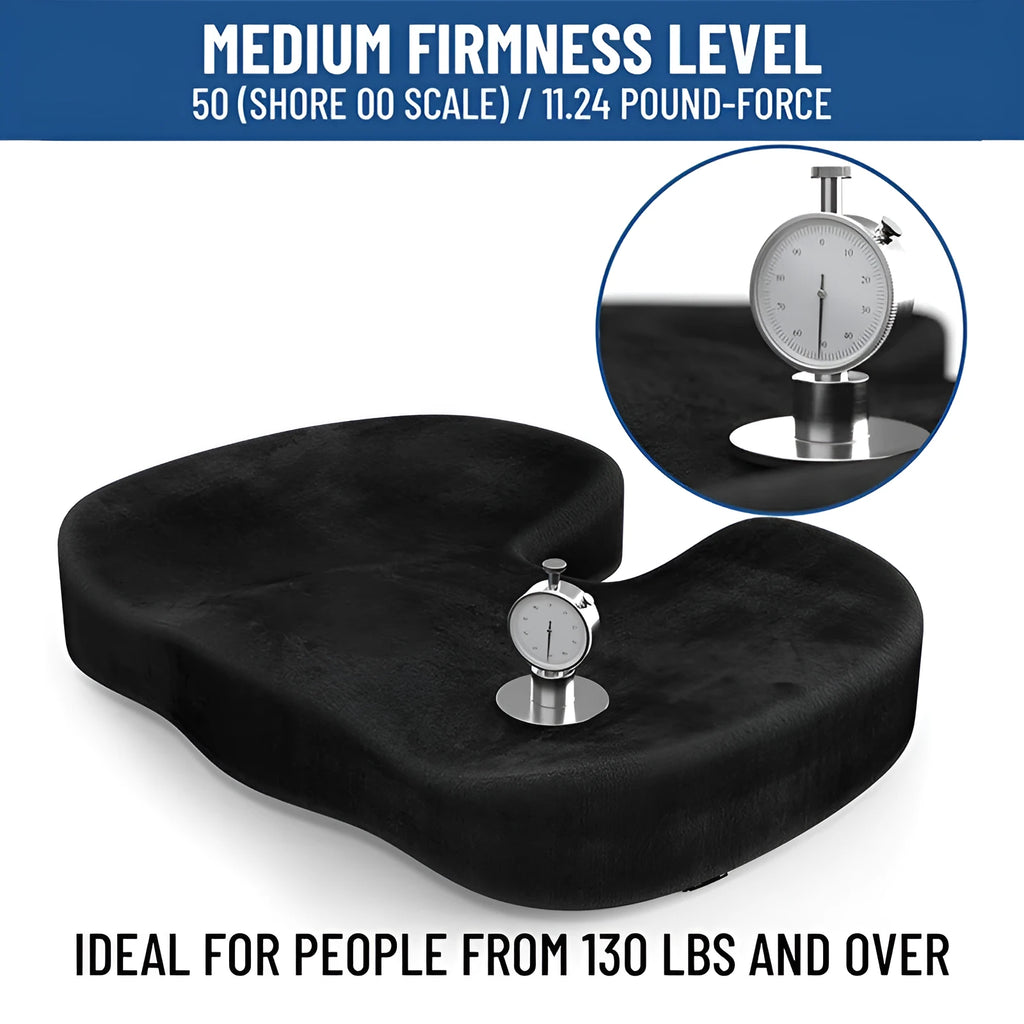 Black flannel U-shaped memory foam office seat cushion measuring 46 by 36 centimetres.