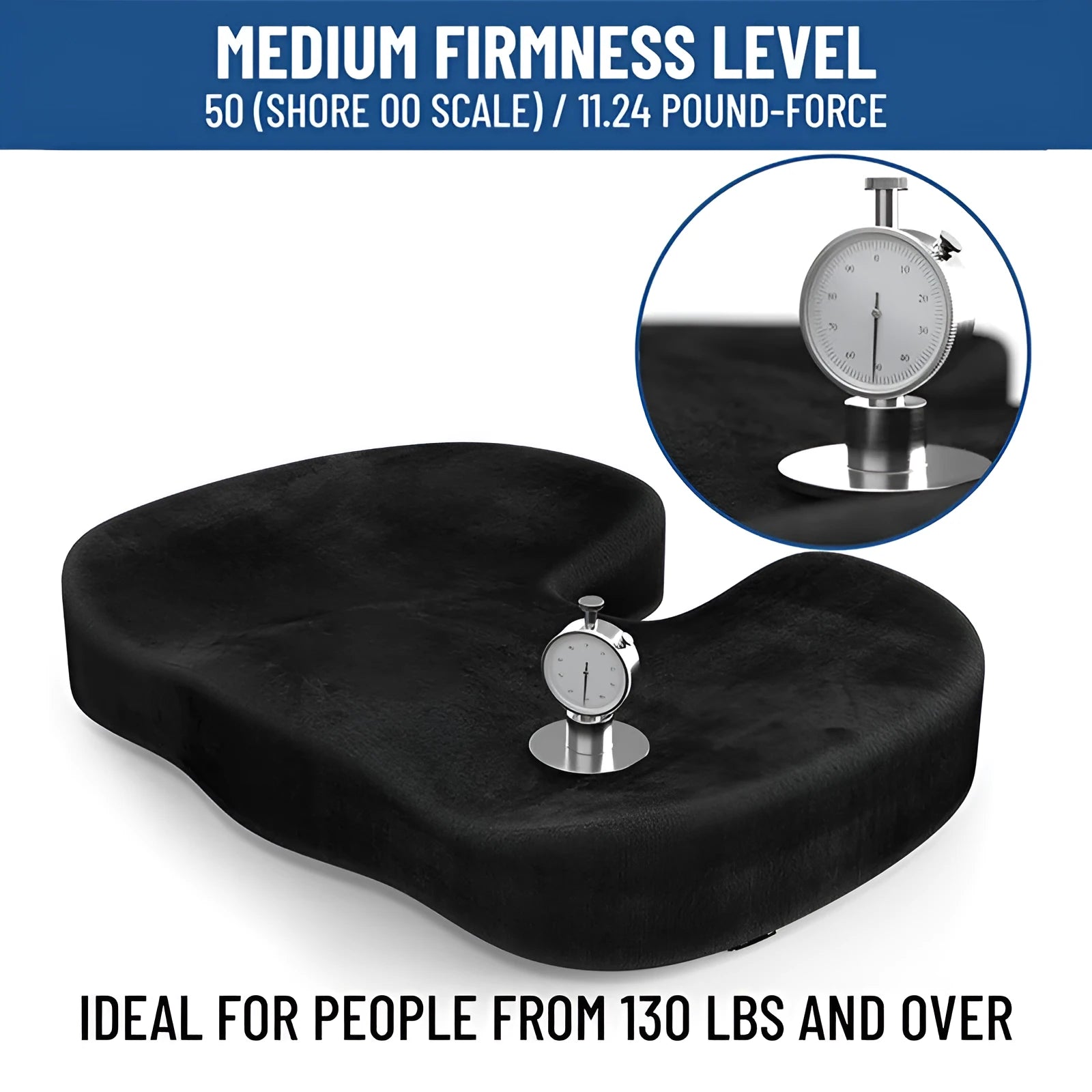 Black flannel U-shaped memory foam office seat cushion measuring 46 by 36 centimetres.