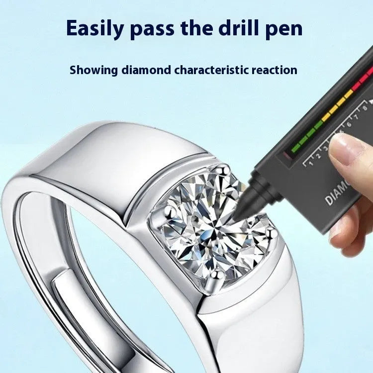 S925 sterling silver men's adjustable moissanite ring with four-claw setting and glossy finish.