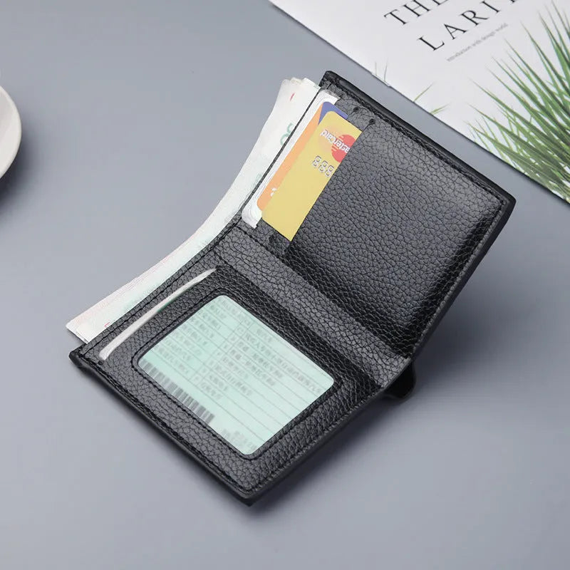 Men's vertical short wallet in PU leather, black finish, with multiple card and ID slots, 12.5 cm height