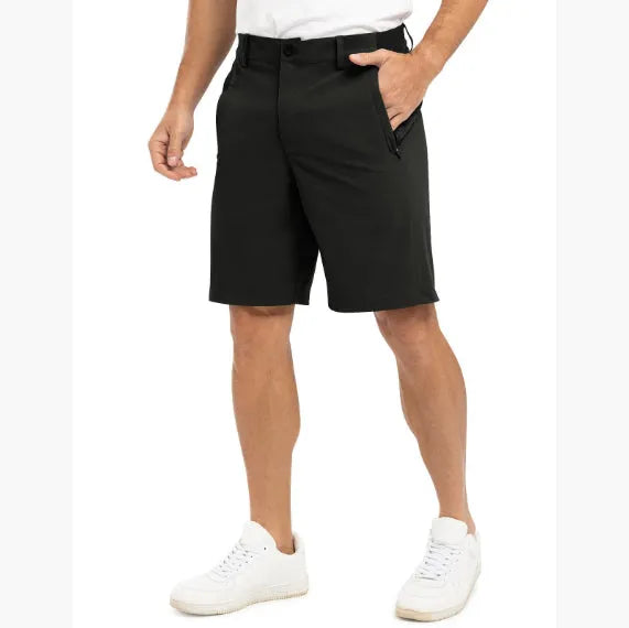 Men's casual loose cotton sports golf shorts in khaki colour, shown flat lay