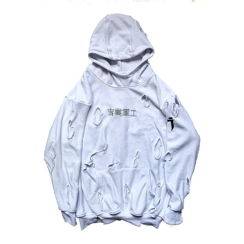 White loose ripped hoodie for men with hooded collar and distressed holes, autumn casual wear