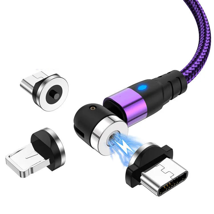 Black magnetic charging cable with LED diamond lamp, showing Android and Type-C magnetic connectors.
