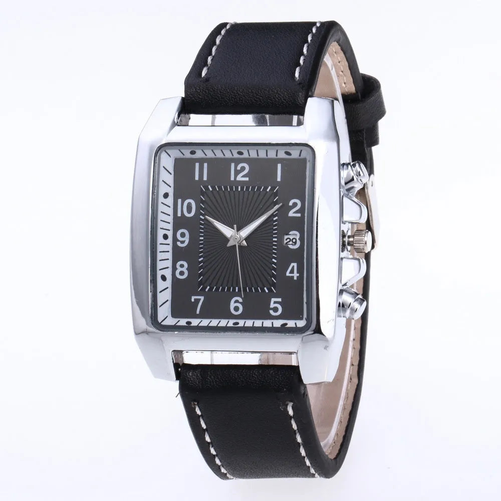 Men's quartz analogue watch with leather band and metal case, easy to read dial
