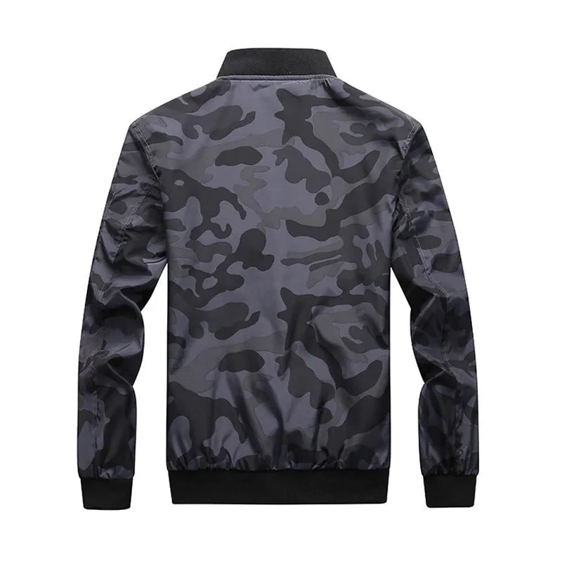 Men's camouflage bomber jacket with stand collar, zip front, long sleeves, and welt pockets in army green