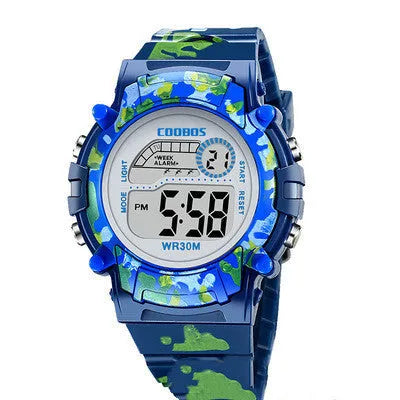 Children's electronic watch with 30mm round dial and silicone strap in blue colour on a child's wrist