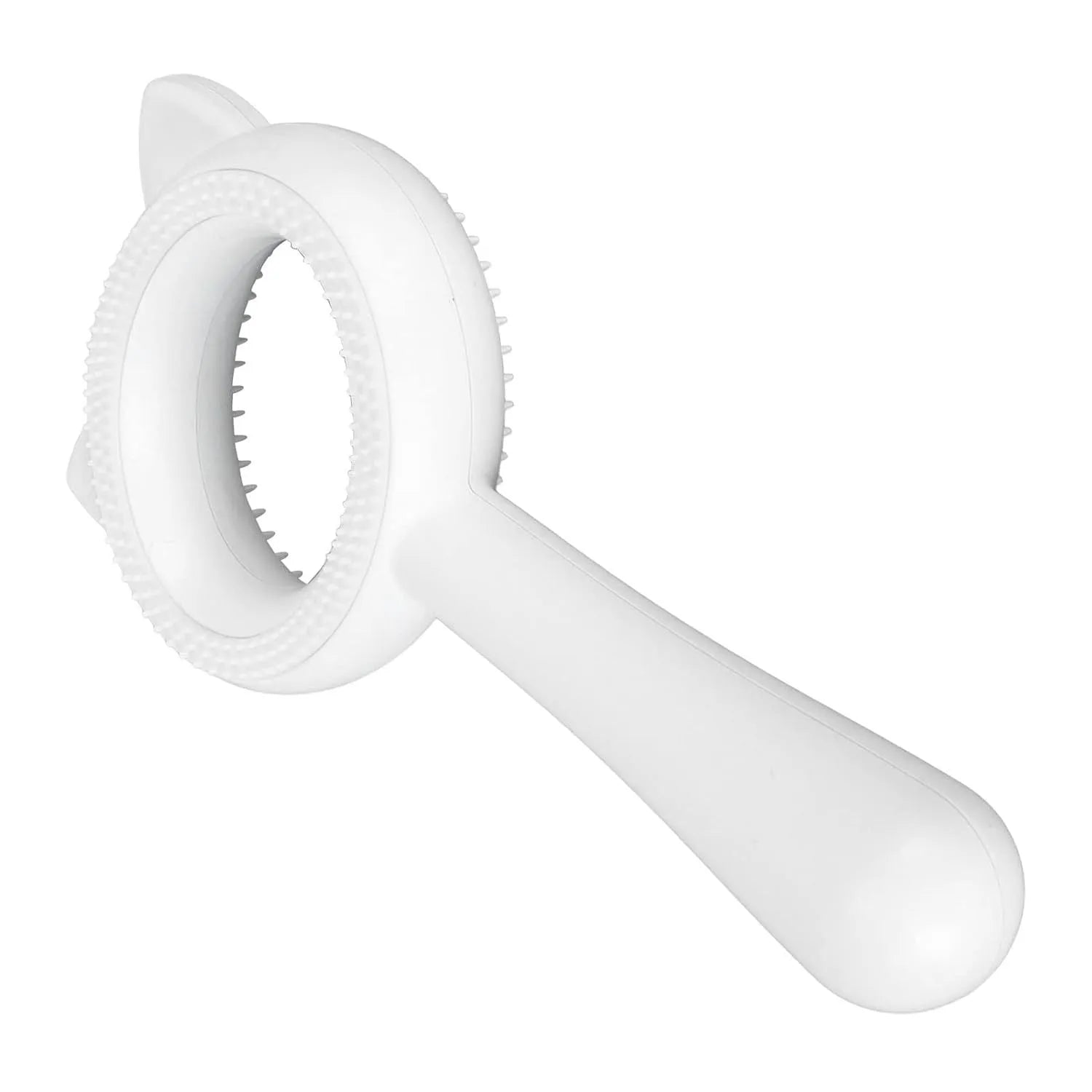 Blue and white double-sided pet grooming brush with ergonomic handle for cats and dogs.