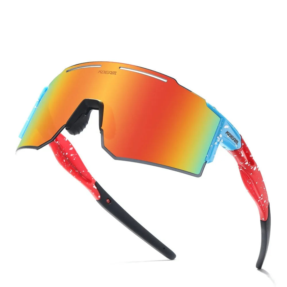 TR90 frameless polarized cycling sunglasses in a regular fit on a solid background.