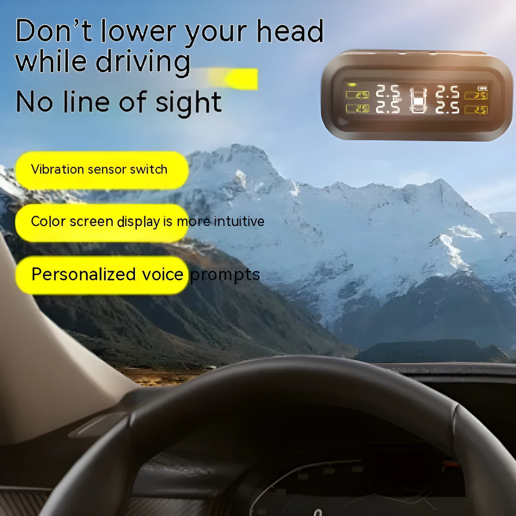 Solar wireless car tyre pressure monitoring system with colour screen and four sensors on a dashboard