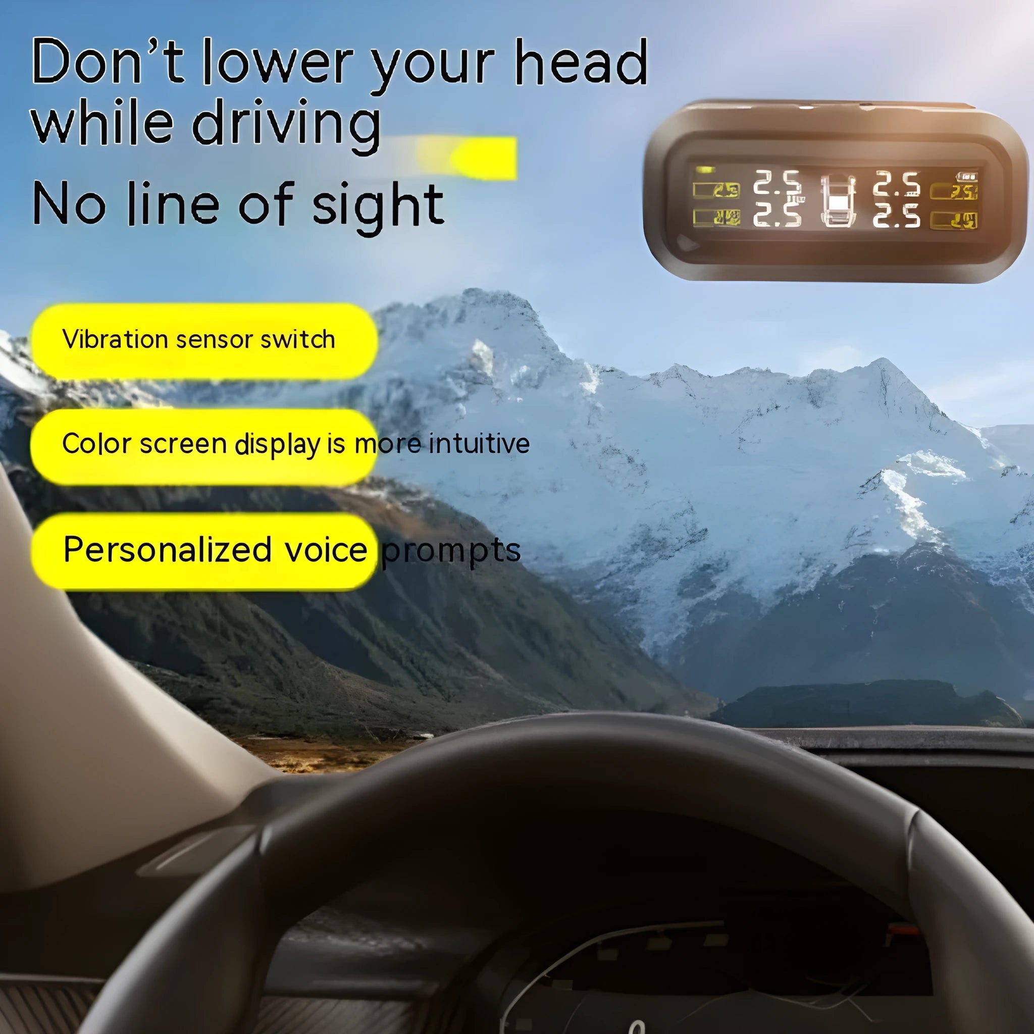 Solar wireless car tyre pressure monitoring system with colour screen and four sensors on a dashboard