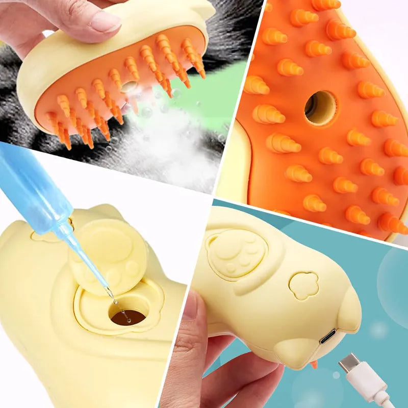 Cat Steamy Brush 3-in-1 pet grooming tool with steam spray function on a table.