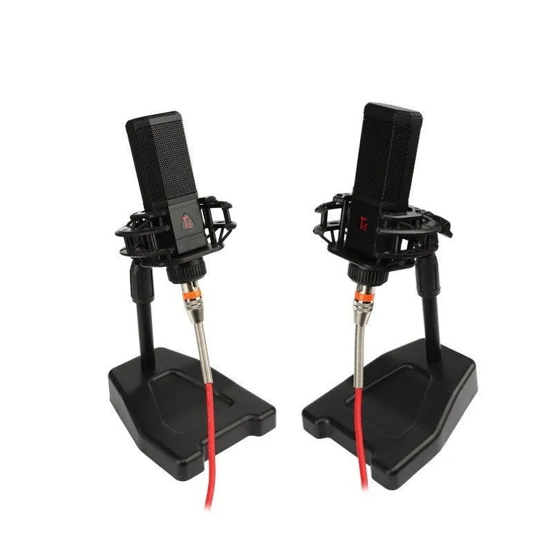 Black condenser wired noise cancelling microphone with shockproof mounting and cable for recording