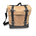 Waterproof canvas motorcycle side bag with cowhide reinforcement showing dimensions and colour options