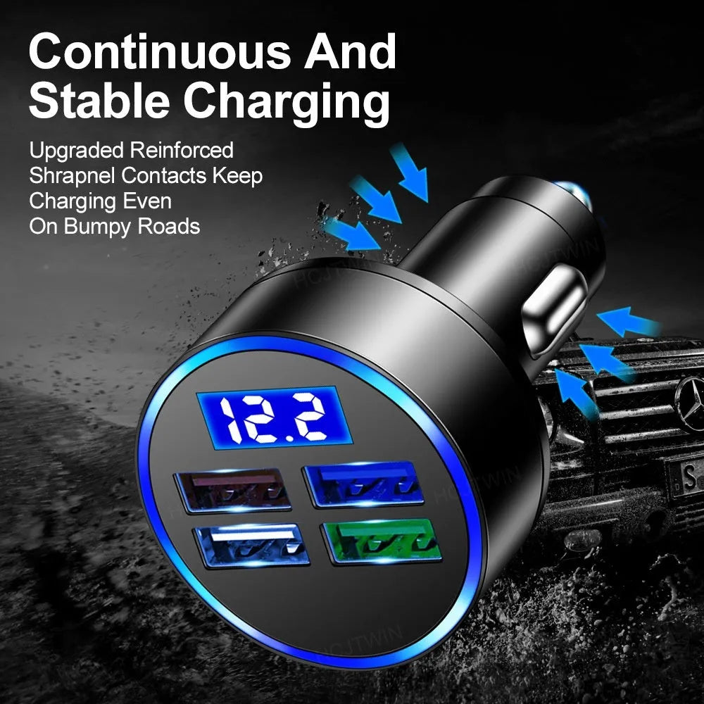 Black multi-port car charger with four USB ports and one cigarette lighter socket.