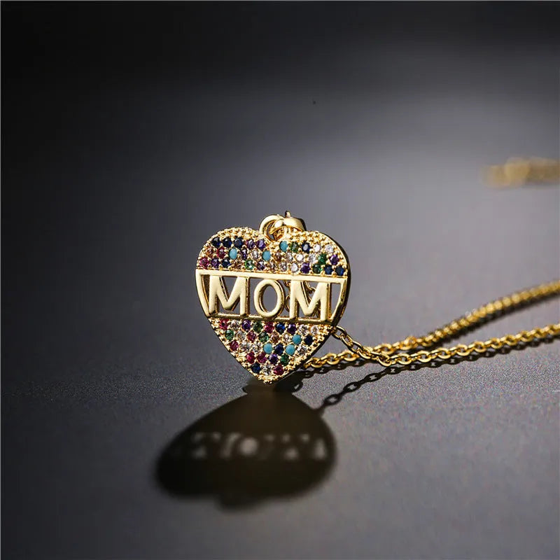 Peach heart MOM pendant necklace in gold colour, copper material, on adjustable chain