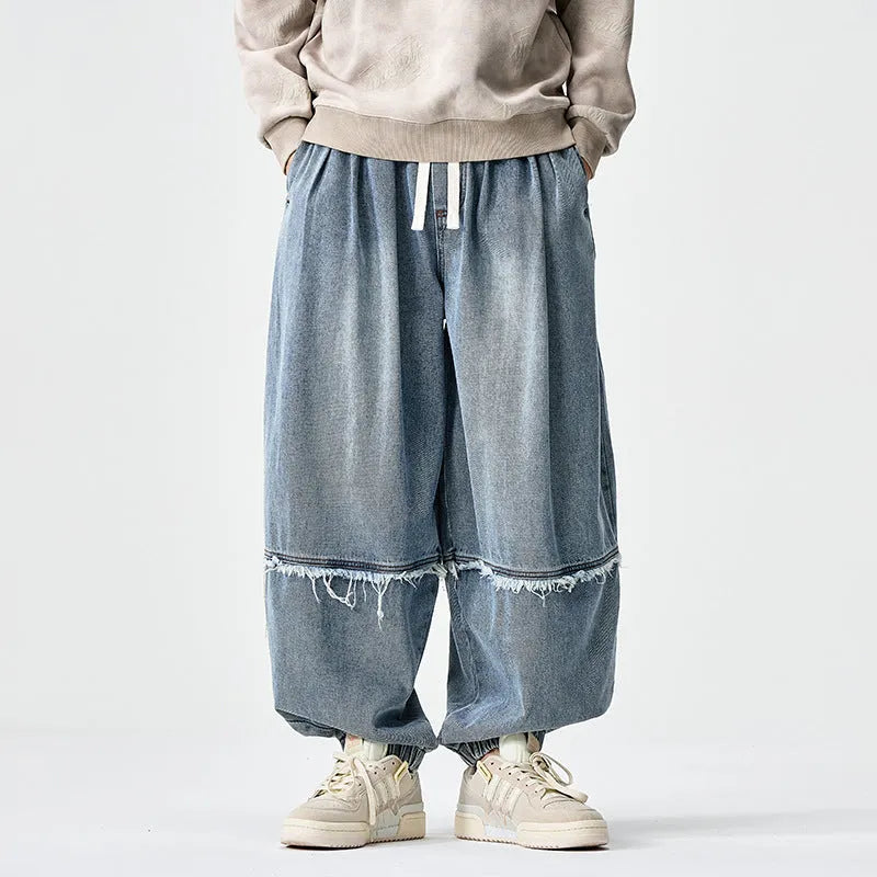 Large size Japanese Hong Kong style retro loose harem bloomers in cotton denim, low waist drawstring, black colour