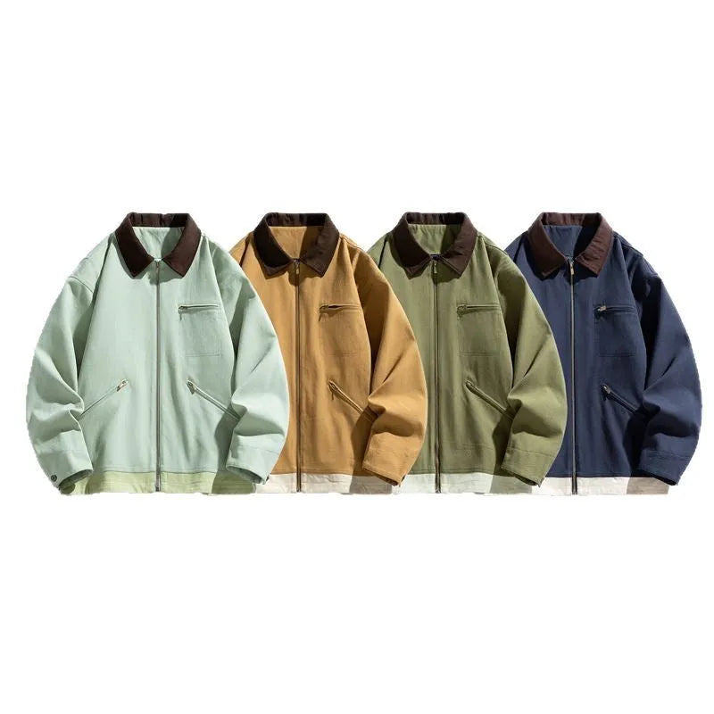 Korean style retro workwear jacket with contrast lapels in mint green, side seam pockets visible