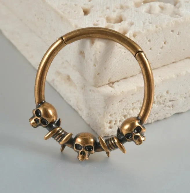 Copper punk earrings with vintage ghost heads in antique gold or silver finish