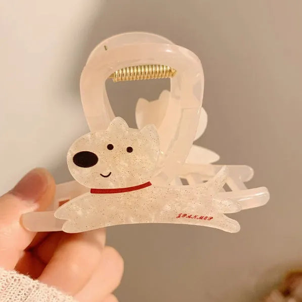 Cartoon puppy design barrettes hair grips in beige and brown colours showing 8cm and 13cm sizes