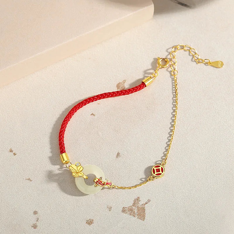 925 silver koi safety buckle bracelet with peace buckle and red rope detailing