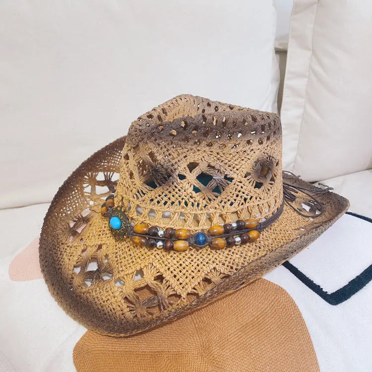 Straw hat for women in brown with satin weave and stitching details