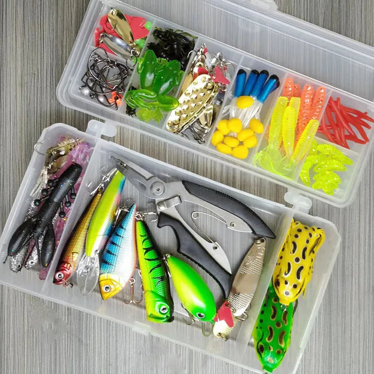142-piece fishing lure set showing hard mino plastic lures, sequins, fishhooks and fishing pliers