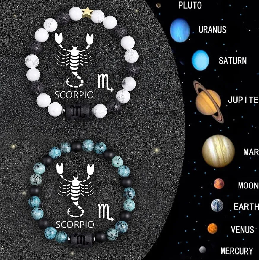 Set of two natural stone beaded bracelets showing different zodiac sign designs