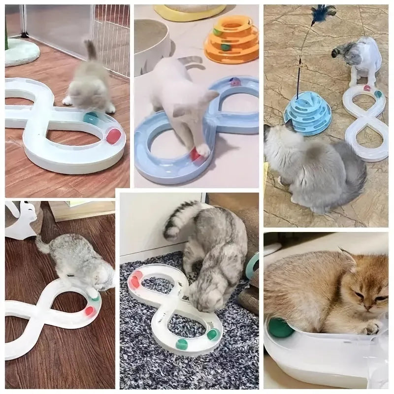 Blue and white interactive cat play station with turntable track, ball, and feather teaser stick.