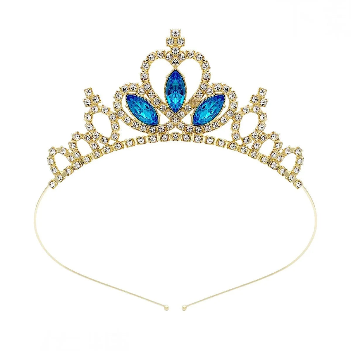 Gold and silver electroplated alloy princess crown headdress for girls with coloured diamond embellishments.