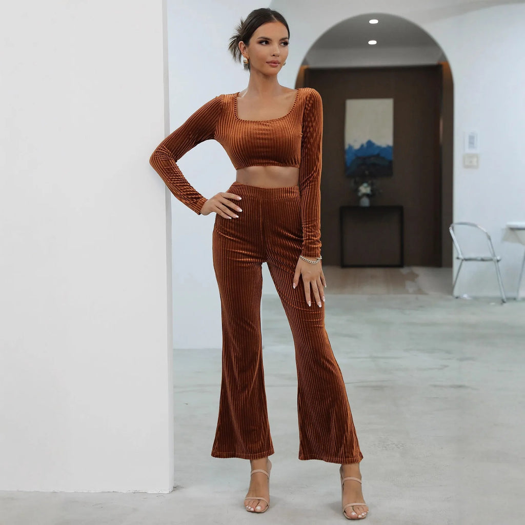 Caramel coloured long sleeve sweater set with matching trousers