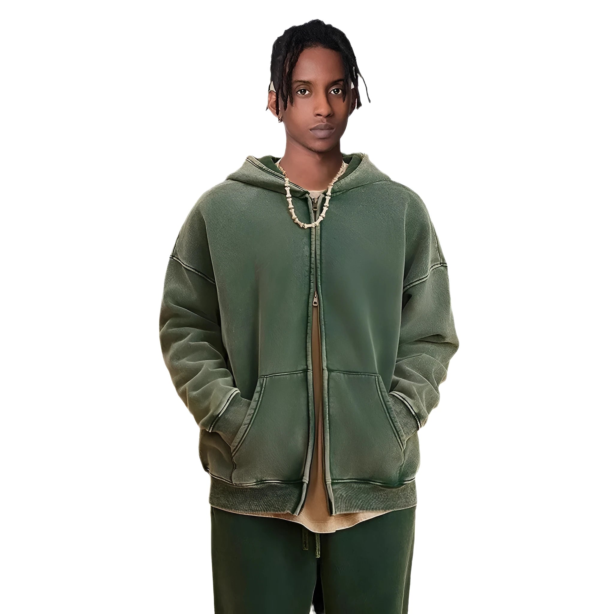 Man wearing a washed black hooded cardigan with a double zipper and fleece lining