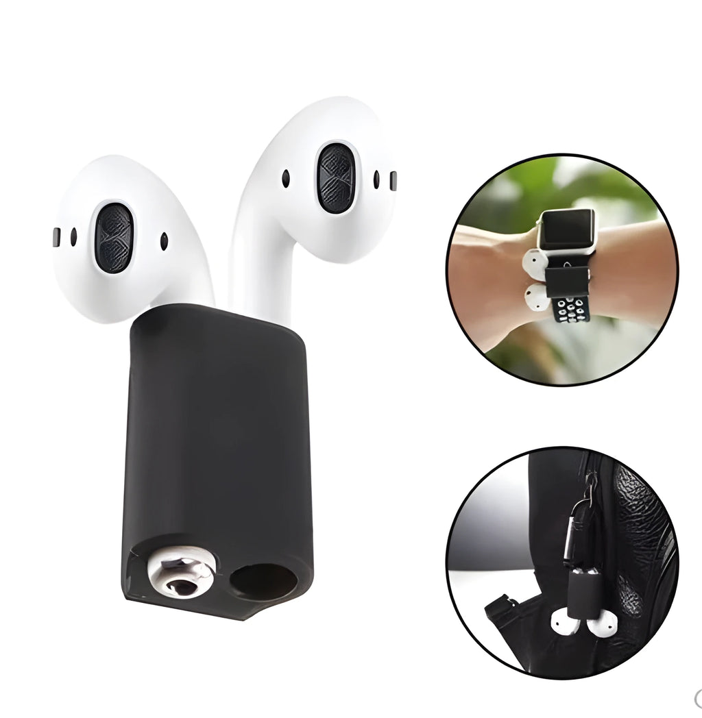 Silicone anti-lost holder strap for AirPods attached to a watch band, available in black blue pink white colours