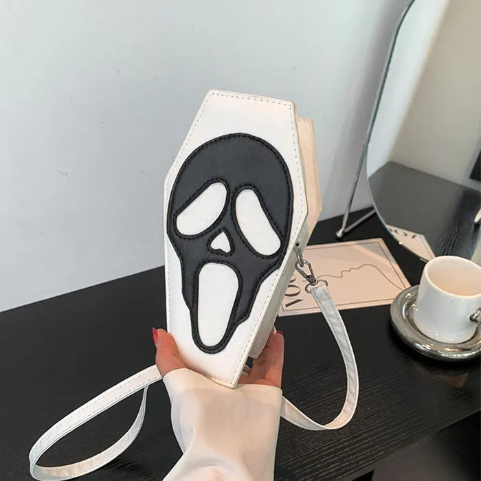 Halloween coffin-shaped shoulder bag in PU with spider web pattern, crossbody strap, compact size 12x22x9cm
