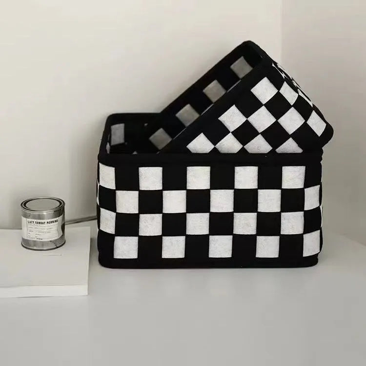 Grey and white checkerboard woven felt storage box shown folded and unfolded, with a tape measure indicating 37cm length.