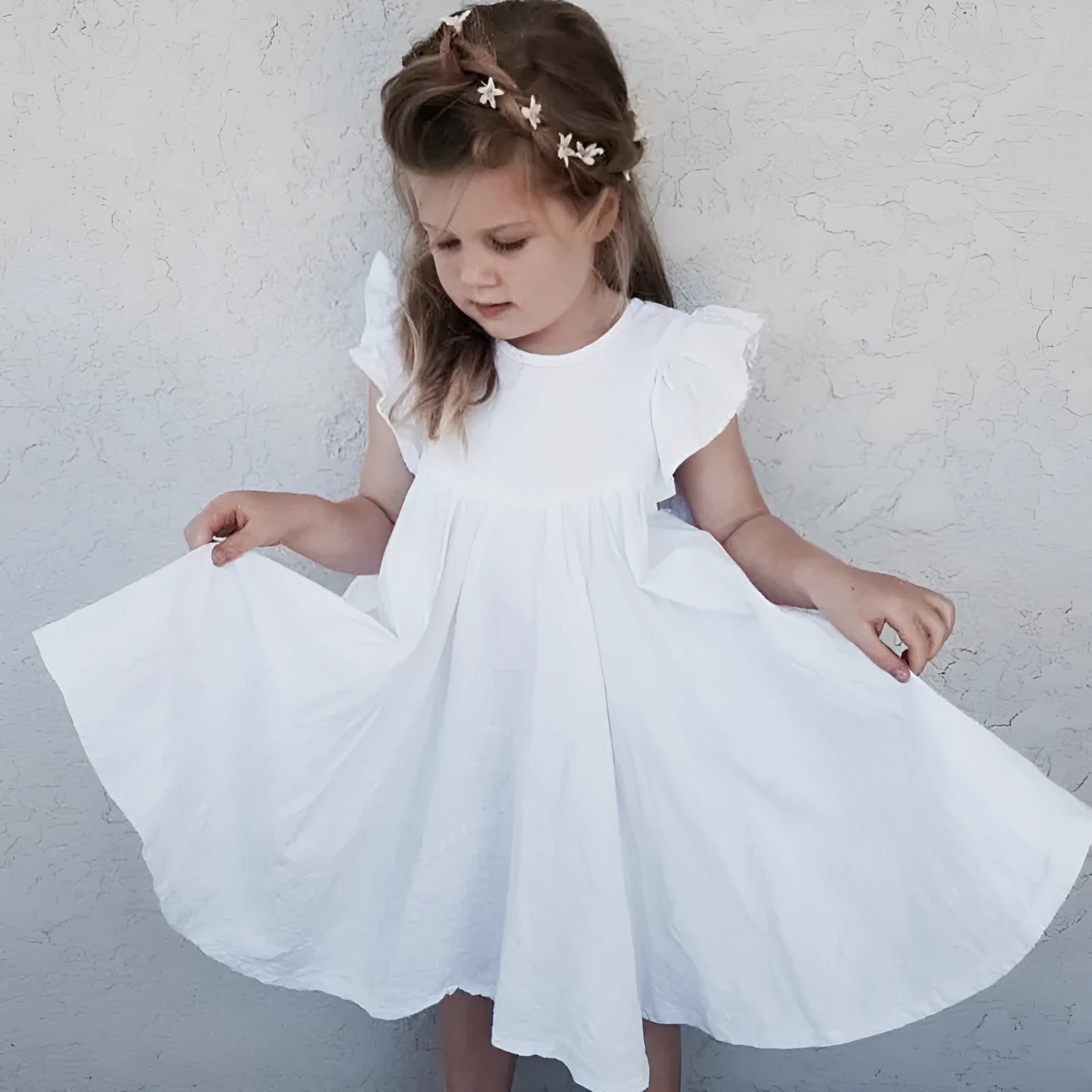 Girls' cotton summer dress with lotus leaf skirt in green and white plain design for children 100-140cm