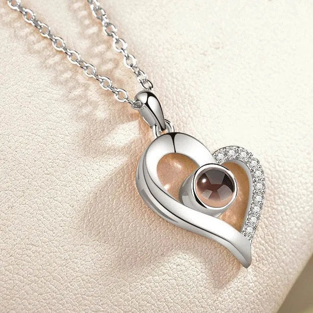 I Love You necklace with zircon pendant in silver, 100 languages design, chain length 40+5 cm