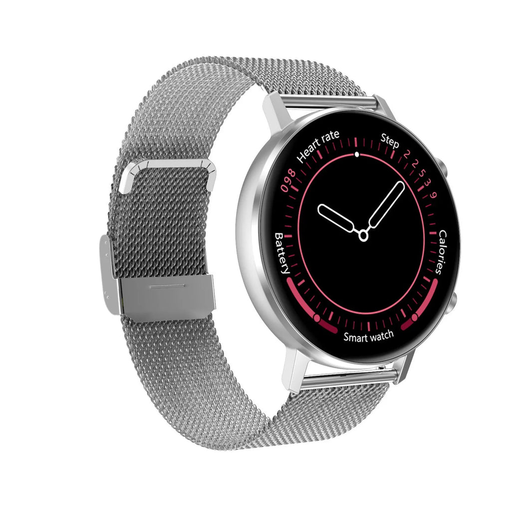 DT96 smart fitness tracker with stainless steel strap on a wrist, showing its colour display.
