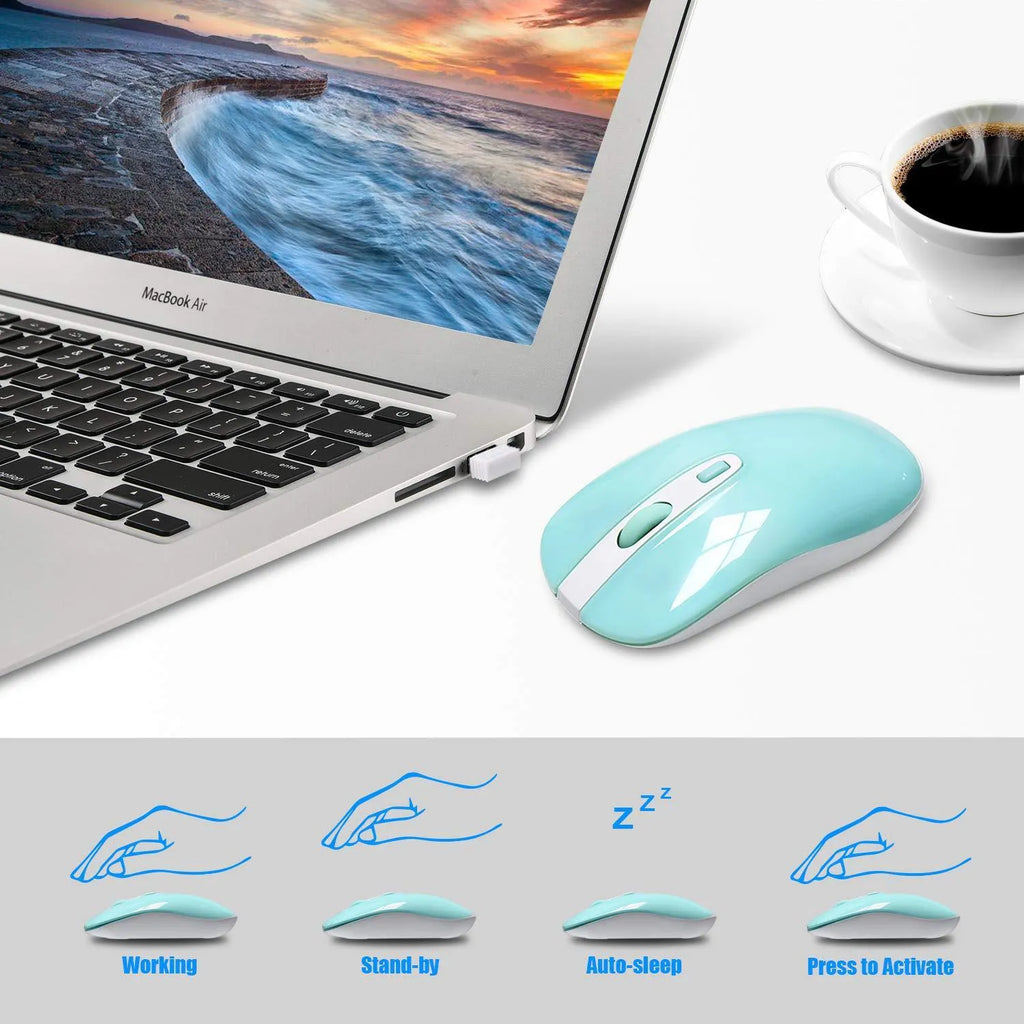 Full-size 2.4G wireless keyboard and mouse set in blue with numeric keypad and silent mouse on a desk