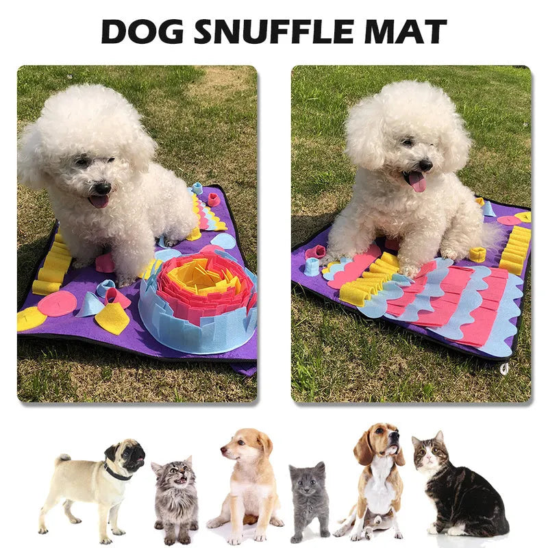 Large purple needle felt dog sniff pad with folds for hiding treats, measuring 70 by 50 centimetres
