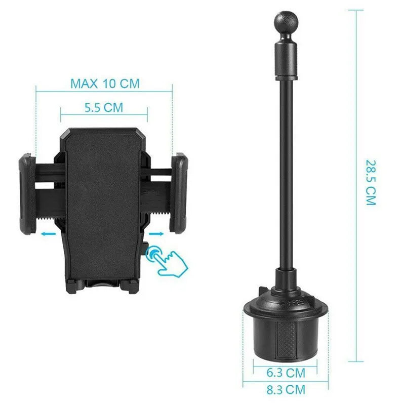 Black universal car phone mount bracket with suction cup and adjustable side handles on windshield