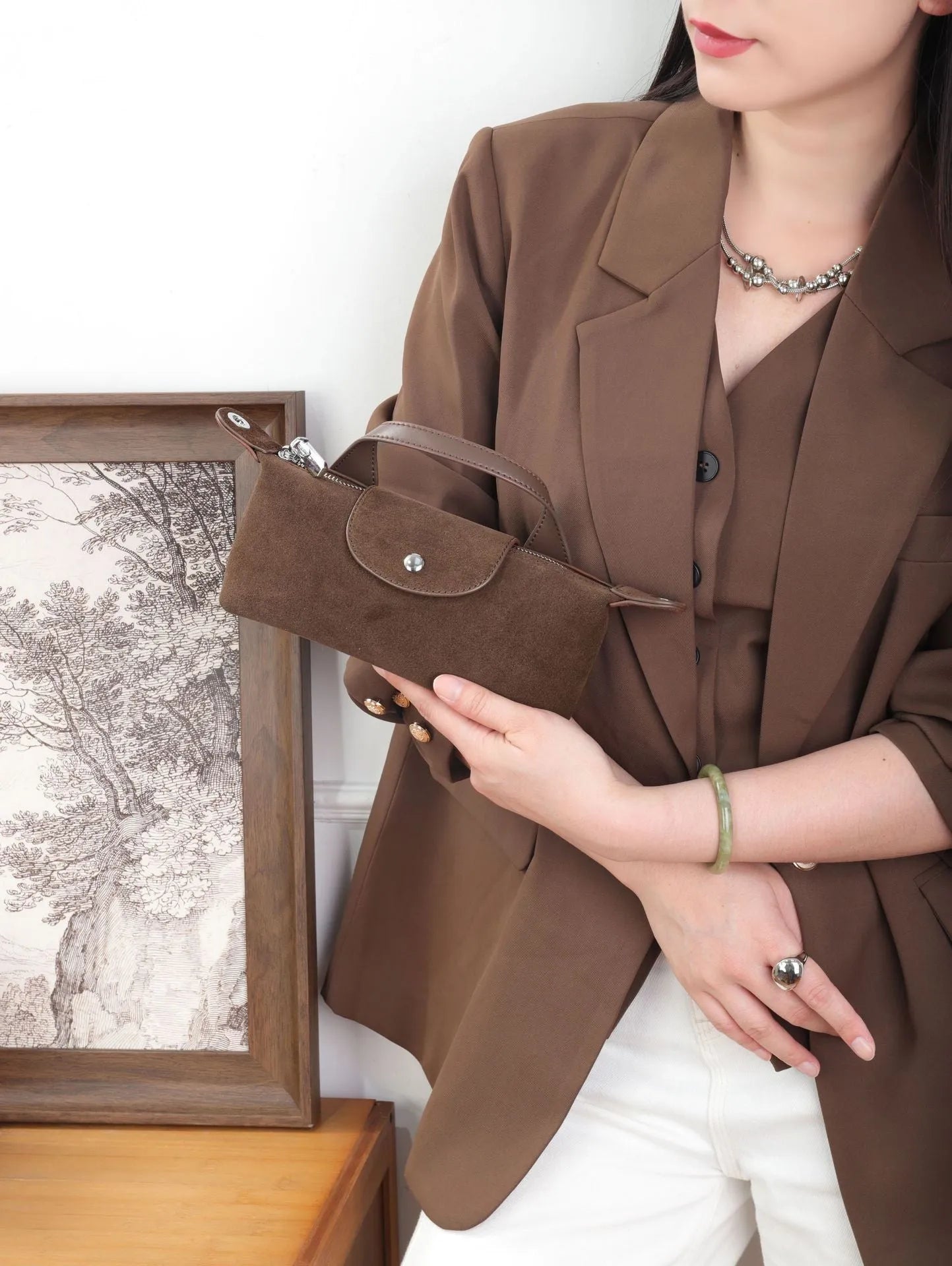 Women's genuine leather spliced dumpling crossbody bag with suede finish in six colour options
