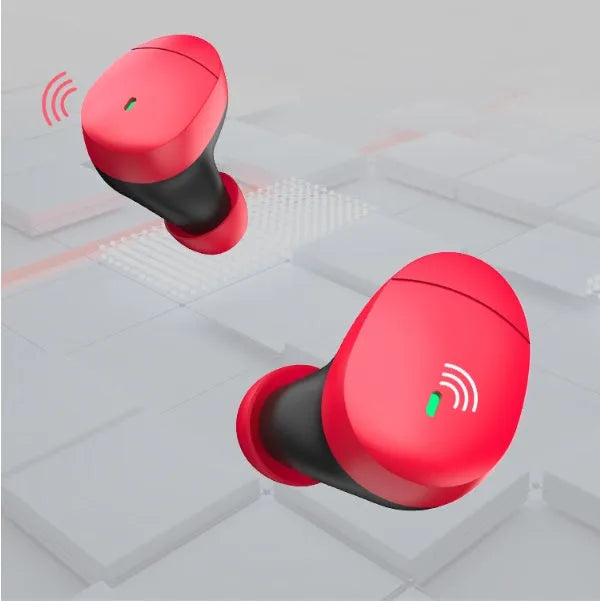 Flame red Qualcomm TWS 3040 true wireless Bluetooth 5.2 earphones with charging case.
