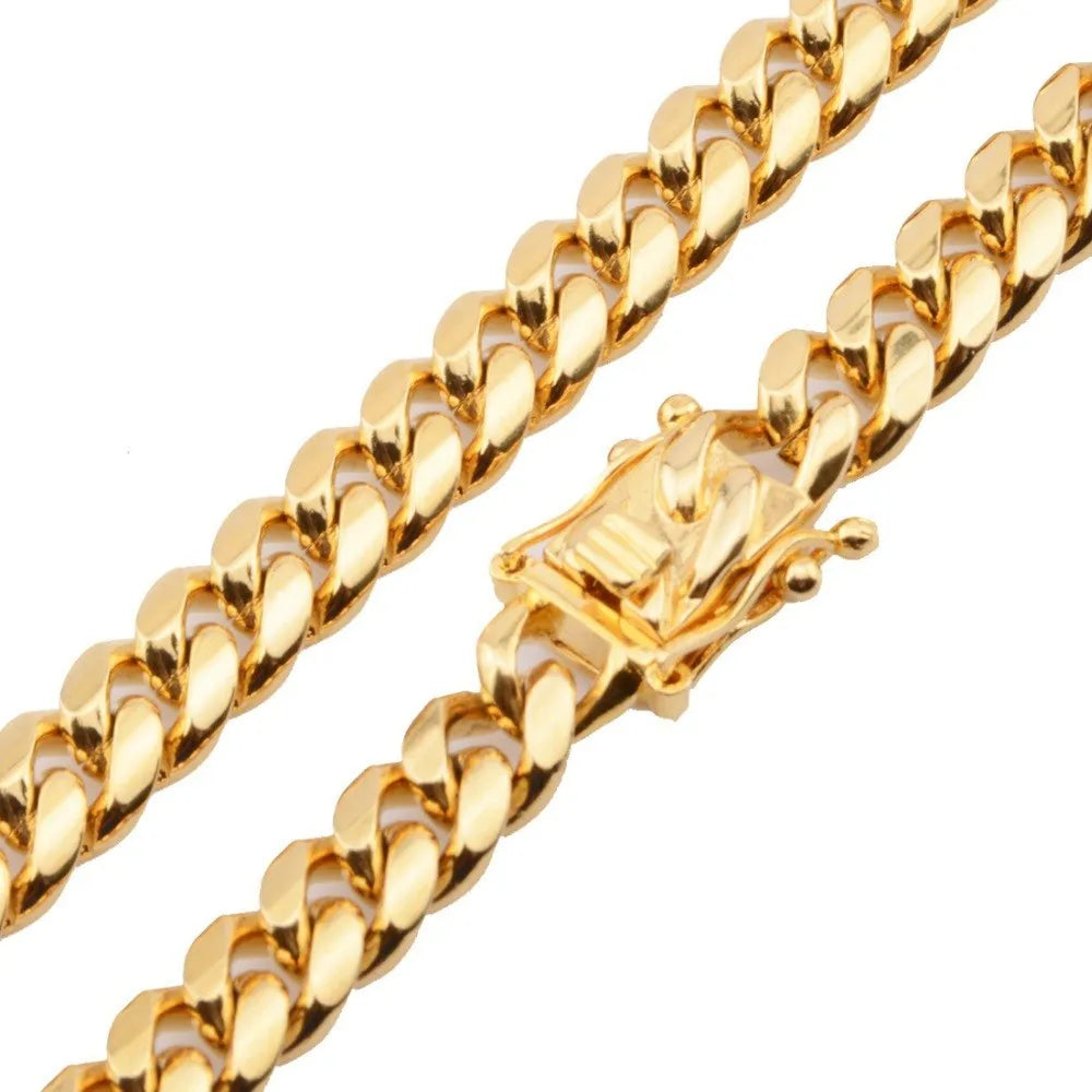 Gold stainless steel Miami Cuban link chain 12mm width on a white background