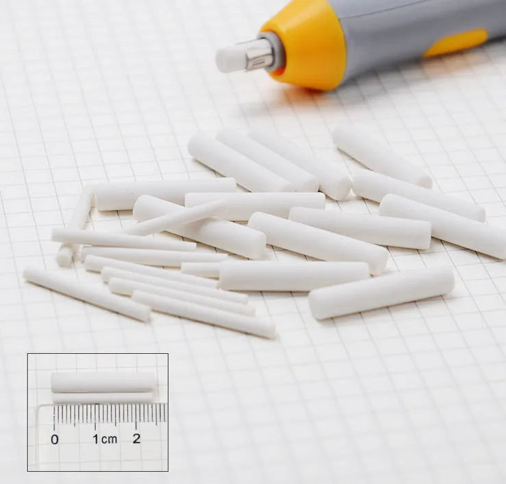 Black and gray electric eraser with plastic body, 166x15 mm, on a white background