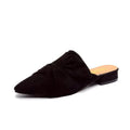 Suede pointed slippers with bow decoration, low square heel, black and beige colour options