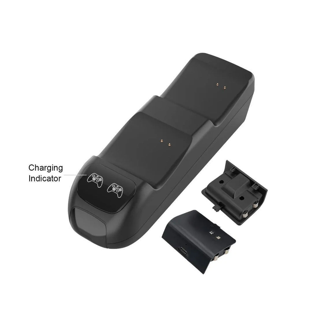 Black Xbox Series X dual controller charging station with LED lights and two battery packs